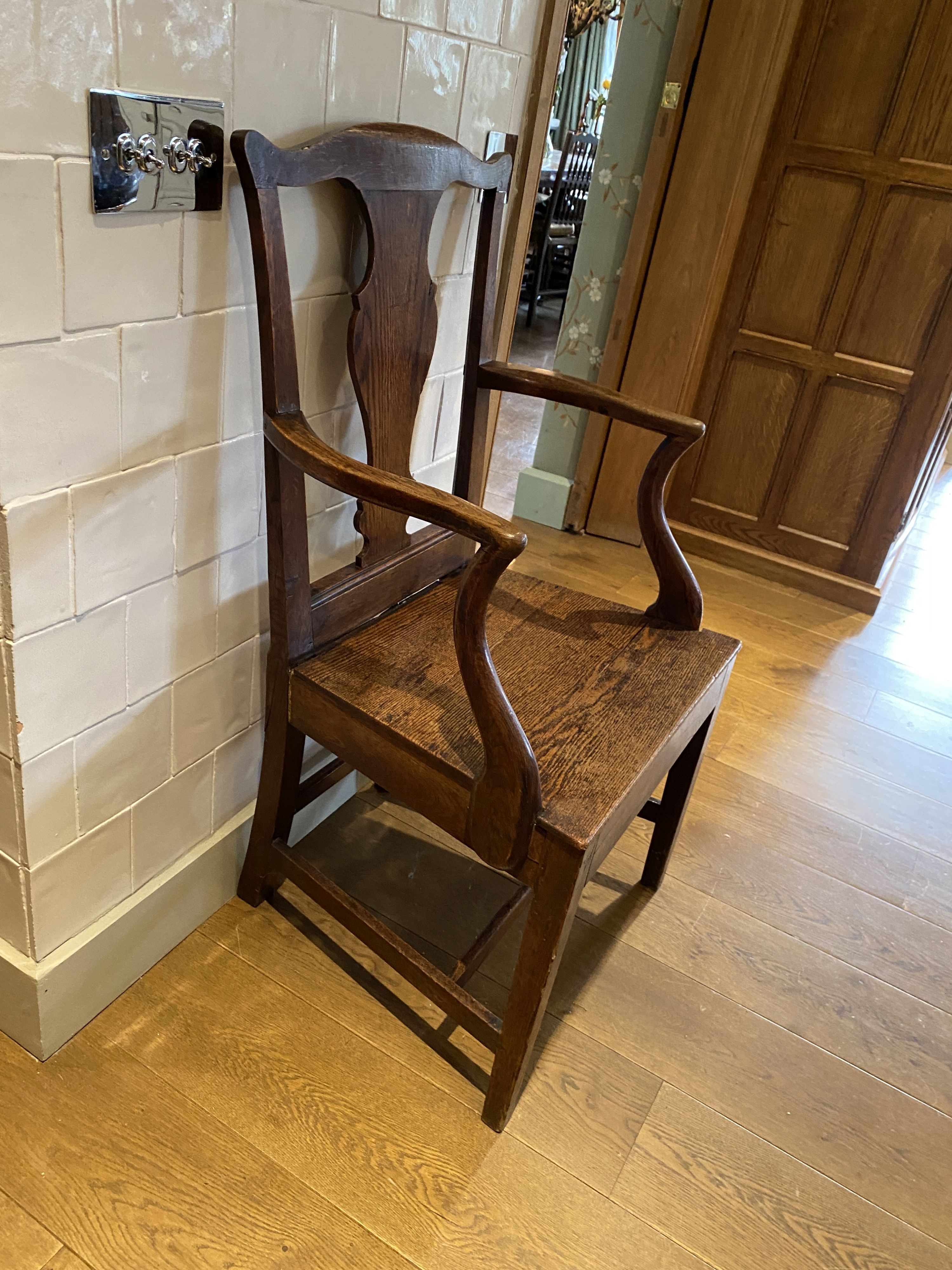 A George III oak cottage dining chair, with solid splat and seat